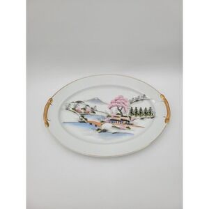 Kutani NS Japan Large Oval Serving Platter Bridge Scene pink trees KUT21 Vtg